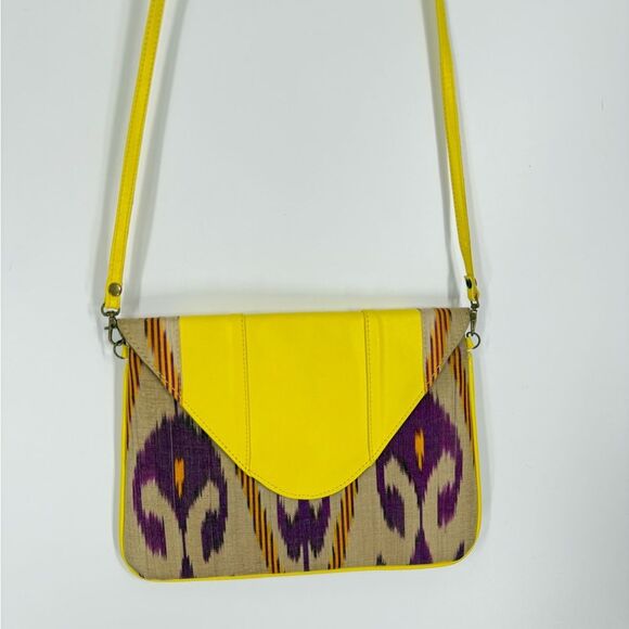 NWOT Frankitas Ikat Handwoven Yellow Leather Trim Crossbody / Clutch Bag - Picture 4 of 8